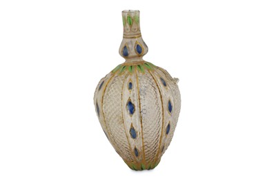 Lot 283 - A GILT AND ENAMELLED MOULD-BLOWN MUGHAL GLASS PERFUME BOTTLE