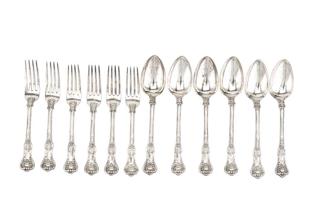 Lot 354 - A Victorian set of six sterling silver table spoons and table forks, London 1847 by James Whiting