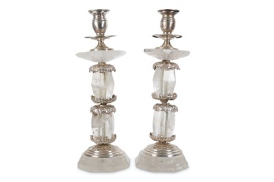 Lot 135 - A PAIR OF BAROQUE STYLE CARVED ROCK CRYSTAL...
