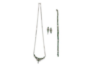 Lot 403 - An emerald and diamond bracelet, necklace and...