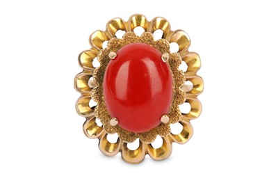 Lot 418 - A coral ring, the oval cabochon coral,...