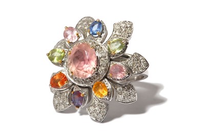 Lot 300 - A large gem-set and diamond flower ring,...