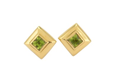 Lot 330 - A pair of peridot earrings, each square-cut...