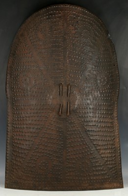 Lot 154 - African iron work tribal shield, pokerwork...