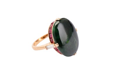 Lot 140 - A nephrite, ruby and diamond dress ring, the...
