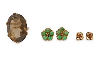 Lot 371 - A smokey quartz ring and two pairs of earrings,...