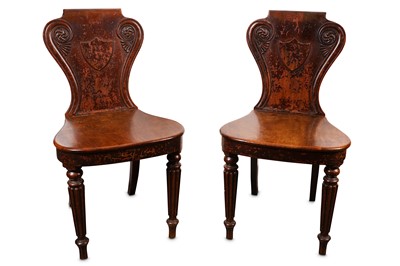 Lot 754 - A pair of 19th Century mahogany hall chairs,...