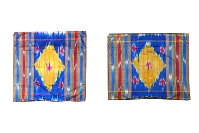 Lot 191 - A PAIR OF MODERN IKAT BLUE PANELS Of squared...