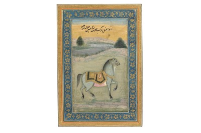 Lot 287 - A MURAQQA’ PAGE ILLUSTRATED WITH IMAM HUSAYN'S HORSE DHULJANAH