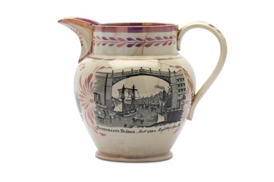 Lot 74 - A PINK LUSTREWARE COMMEMORATIVE JUG WITH BYRON...
