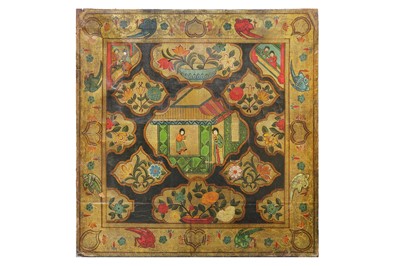Lot 164A - A LATE 19TH / EARLY 20TH CENTURY CHINESE STYLE PAINTED AND GILDED LEATHER PANEL