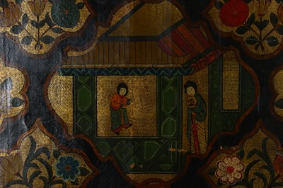 Lot 164 - A LATE 19TH / EARLY 20TH CENTURY CHINESE STYLE PAINTED AND GILDED LEATHER PANEL