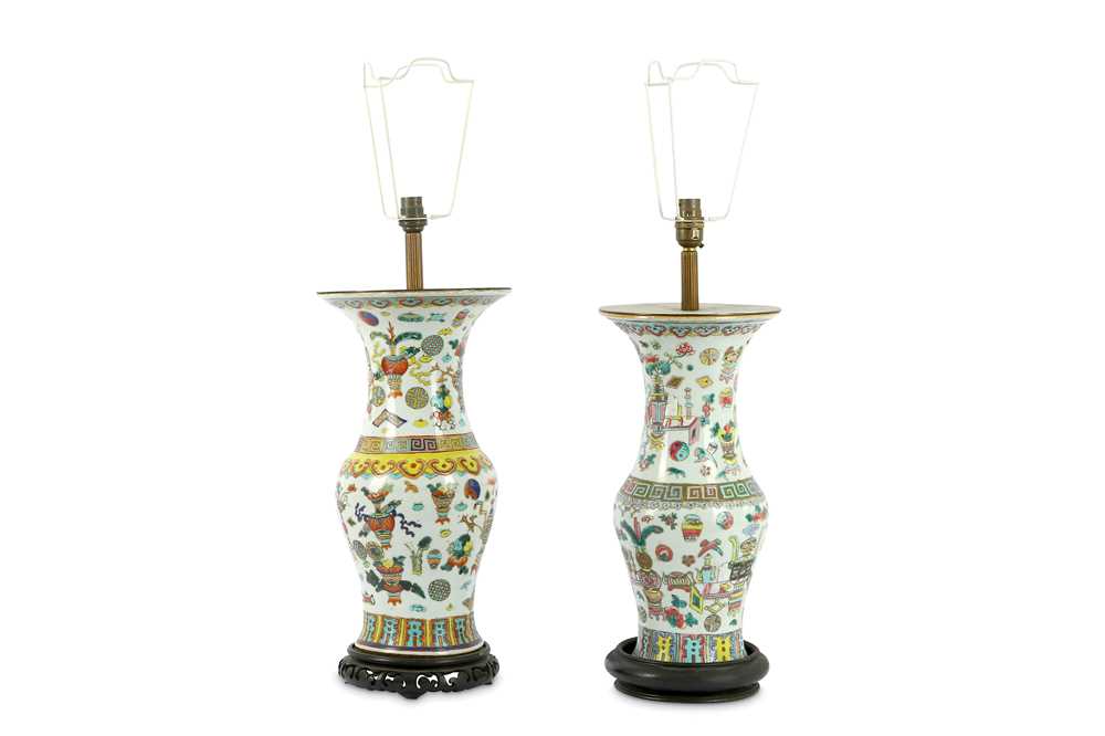 Lot 73 - A near pair of Chinese table lamps, 20th...