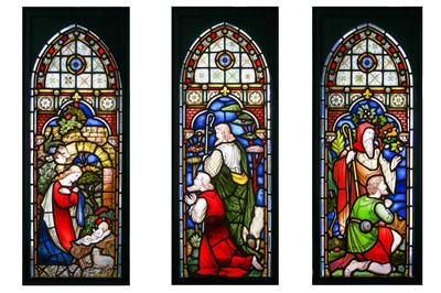 Lot 62 - A 19TH CENTURY ENGLISH STAINED GLASS TRIPTYCH...