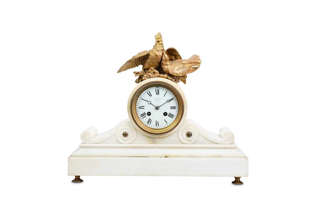 Lot 437 - A LATE 19TH CENTURY WHITE MARBLE AND GILT BRONZE MANTEL CLOCK BY J.W. BENSON, LONDON