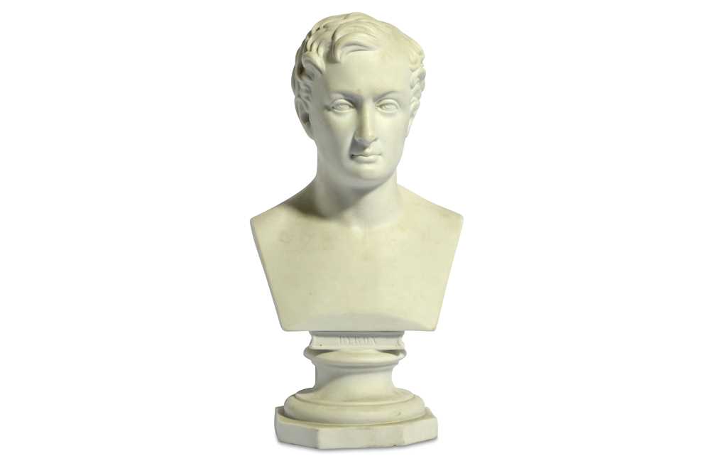 Lot 3 - AN EARLY BISQUE PORCELAIN BUST OF LORD BYRON...