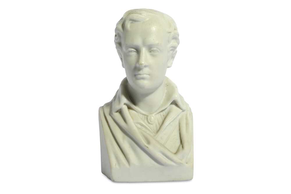 Lot 19 - A WHITE PORCELAIN BISQUE BUST OF BYRON...