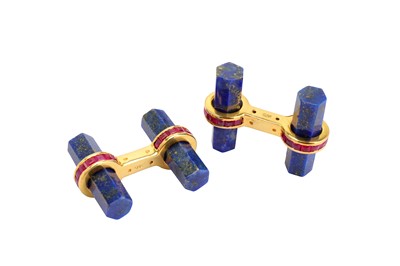 Lot 141 - A pair of lapis lazuli and ruby cufflinks,...