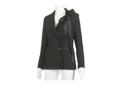 Lot 100 - Chanel Black Boucle and Silk Ribbon Jacket - size 36