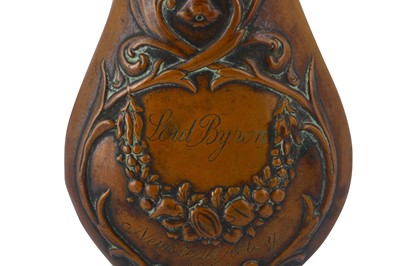 Lot 90 - AN EMBOSSED COPPER POWDER FLASK ENGRAVED 'LORD...