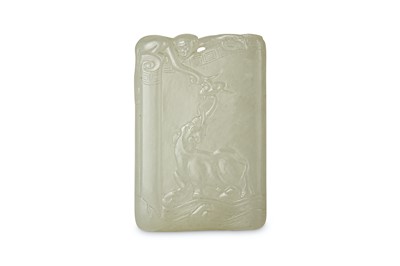 Lot 652 - A CHINESE PALE CELADON JADE 'MONKEY AND ELEPHANT' PLAQUE.