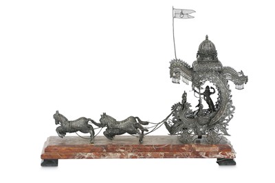 Lot 227 - AN INDIAN WHITE METAL FILIGREE CENTREPIECE OF A CHARIOT PULLED BY FOUR HORSES