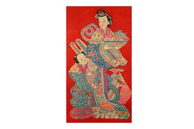 Lot 638 - A CHINESE RED-GROUND 'IMMORTAL MAIDEN AND...