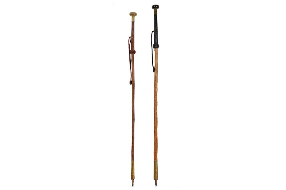 Lot 317 - TWO ALPINE HORN, BRASS AND AGATE MOUNTED...