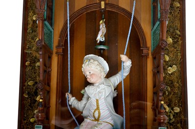 Lot 372 - A RARE LATE 19TH CENTURY AUTOMATON IN DISPLAY CASE DEPICTING A BOY ON A SWING, PROBABLY GERMAN