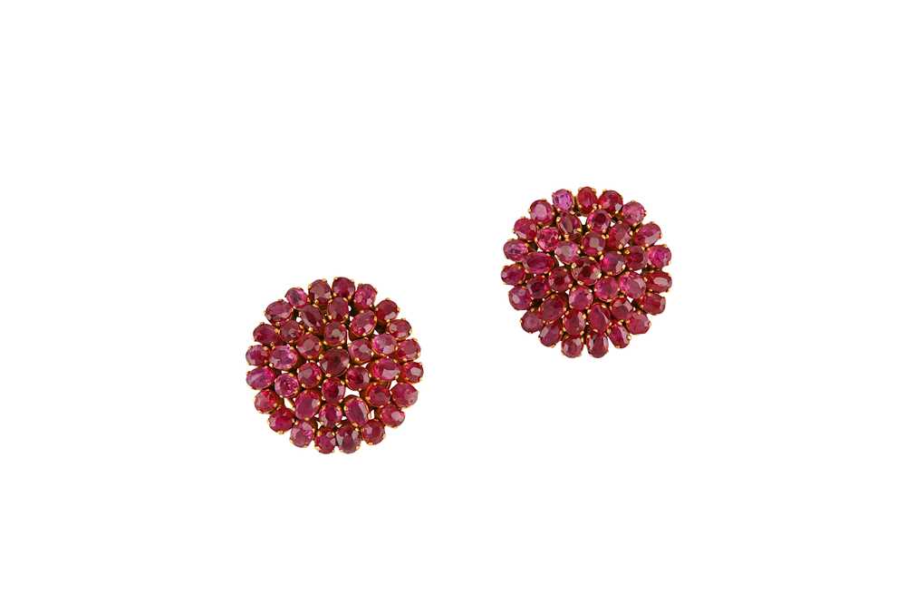 Lot 37 - A pair of ruby cluster earrings Each designed...