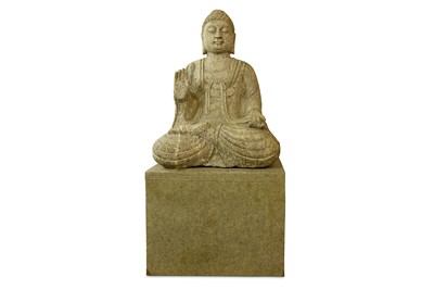 Lot 502 - A MASSIVE CHINESE STONE FIGURE OF A MEDITATING BUDDHA.