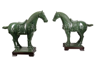 Lot 130A - A PAIR OF LARGE CHINESE SPINACH-GREEN HORSES....