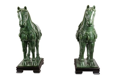 Lot 128 - A PAIR OF MASSIVE CHINESE SPINACH-GREEN JADE HORSES.