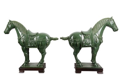 Lot 571 - A PAIR OF LARGE CHINESE SPINACH-GREEN HORSES.