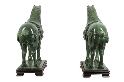 Lot 128 - A PAIR OF MASSIVE CHINESE SPINACH-GREEN JADE HORSES.