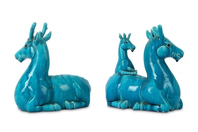 Lot 833 - A PAIR OF CHINESE TURQUOISE-GLAZED DEER.