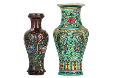Lot 307 - Two Chinese famille verte moulded baluster vases.