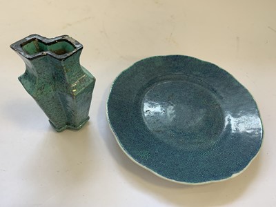 Lot 8 - A CHINESE ROBIN'S EGG-GLAZED CONJOINED TOOL VASE AND A LOBED DISH.