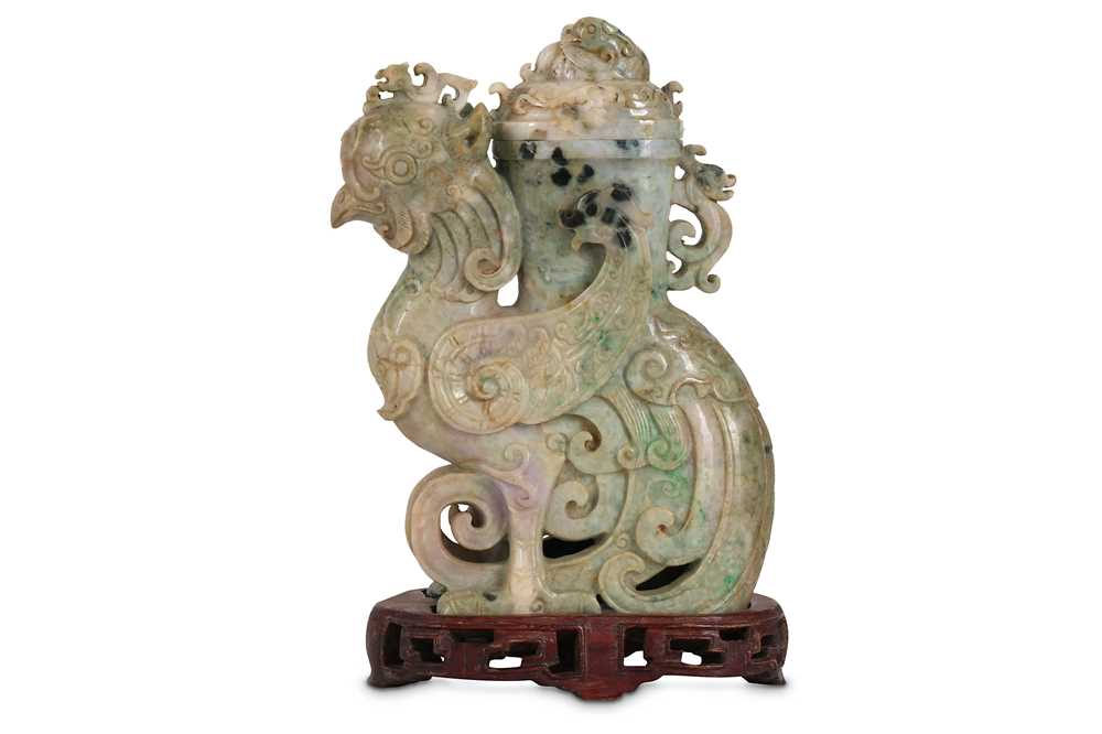 Lot 418 - A CHINESE JADEITE ARCHAISTIC 'PHOENIX' VASE AND COVER.