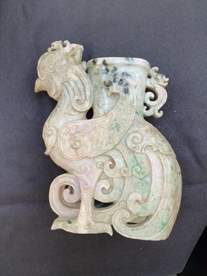 Lot 626 - A CHINESE JADEITE ARCHAISTIC 'PHOENIX' VASE AND COVER, ZUN.