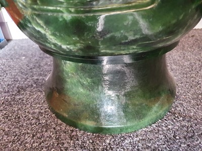 Lot 141 - A MASSIVE CHINESE SPINACH JADE 'DRAGON' VASE AND COVER.