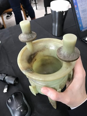 Lot 531 - A CHINESE PALE CELADON JADE ARCHAISTIC VESSEL, JUE.