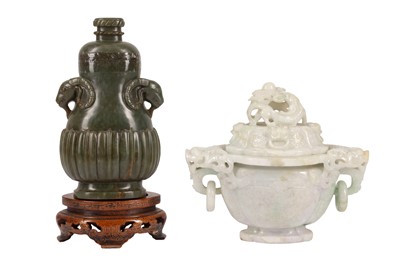 Lot 601 - A CHINESE PALE CELADON JADE VASE AND COVER AND JADEITE INCENSE BURNER AND COVER