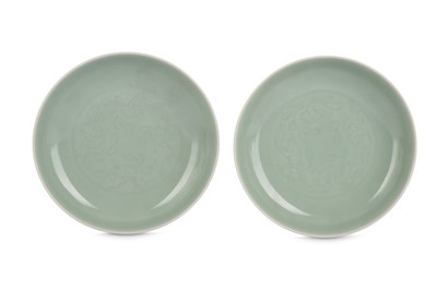 Lot 561 - A PAIR OF CHINESE CELADON 'LINGZHI' DISHES.