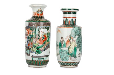 Lot 383 - TWO CHINESE FAMILLE VERTE ROULEAU VASES. The...