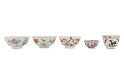 Lot 680 - FIVE CHINESE FAMILLE ROSE BOWLS.