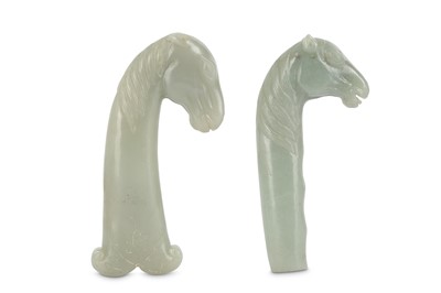 Lot 156 - TWO CHINESE MUGHAL-STYLE PALE CELADON JADE DAGGER HANDLES.