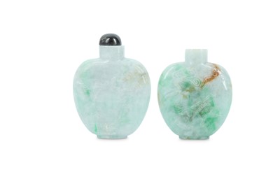 Lot 522 - TWO CHINESE APPLE-GREEN JADEITE SNUFF BOTTLES.