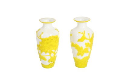Lot 475 - A PAIR OF CHINESE BEIJING GLASS YELLOW-OVERLAY VASES.