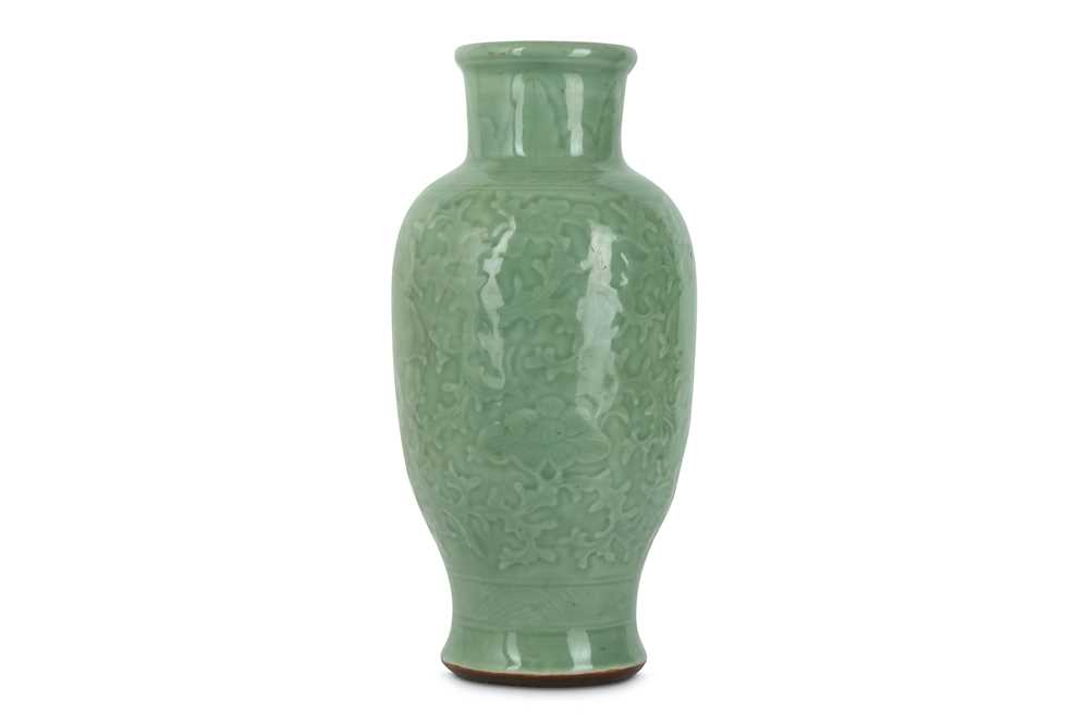 Lot 47 - A CHINESE LONGQUAN CELADON ‘BLOSSOMS’ VASE....